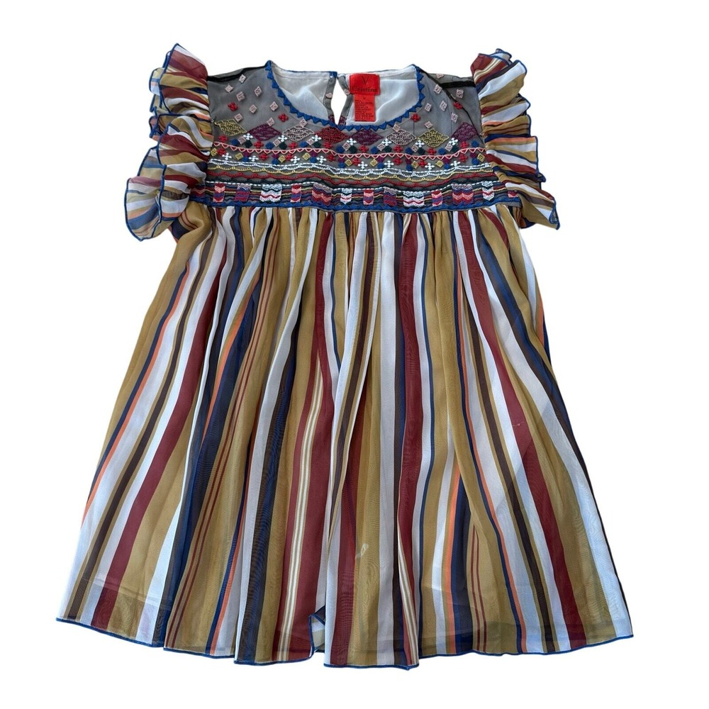 Cristina Striped‎ Embroidered Sheer Ruffle Sleeve Dress Size M